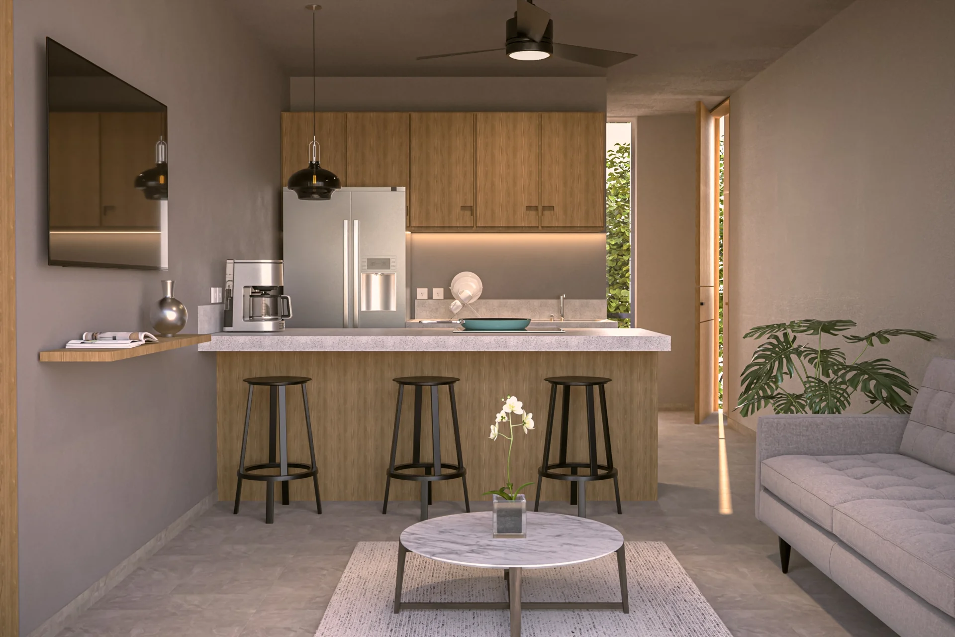 Diseño de cocina abierta con materiales cálidos y meseta