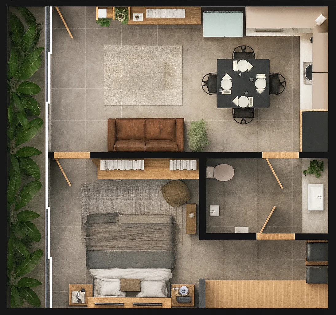 Distribución ilustrativa del modelo A: recámara, baño, sala, cocina y jardín lateral