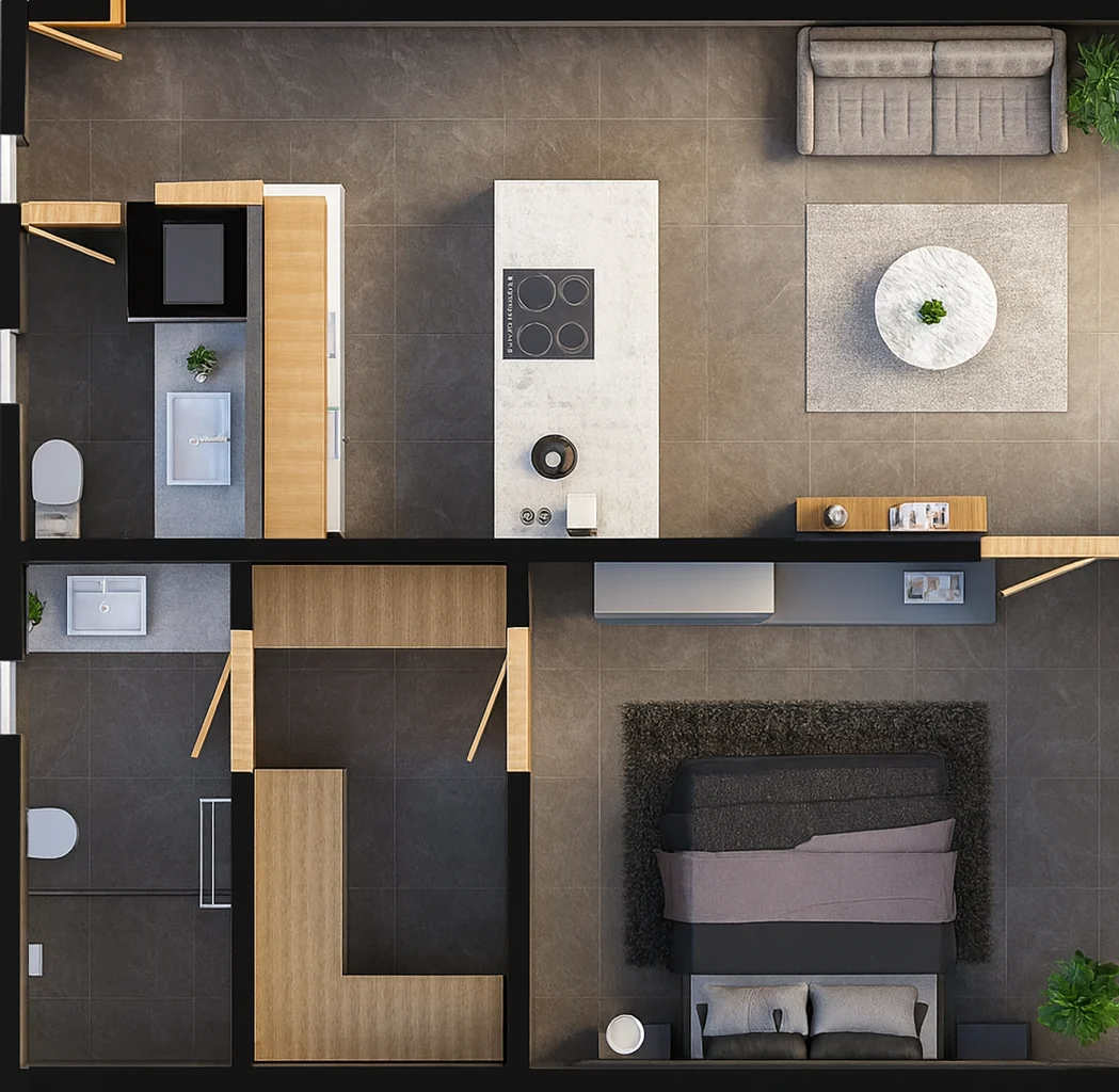 Distribución ilustrativa del modelo B: recámara, baño completo, medio baño, sala y cocina
