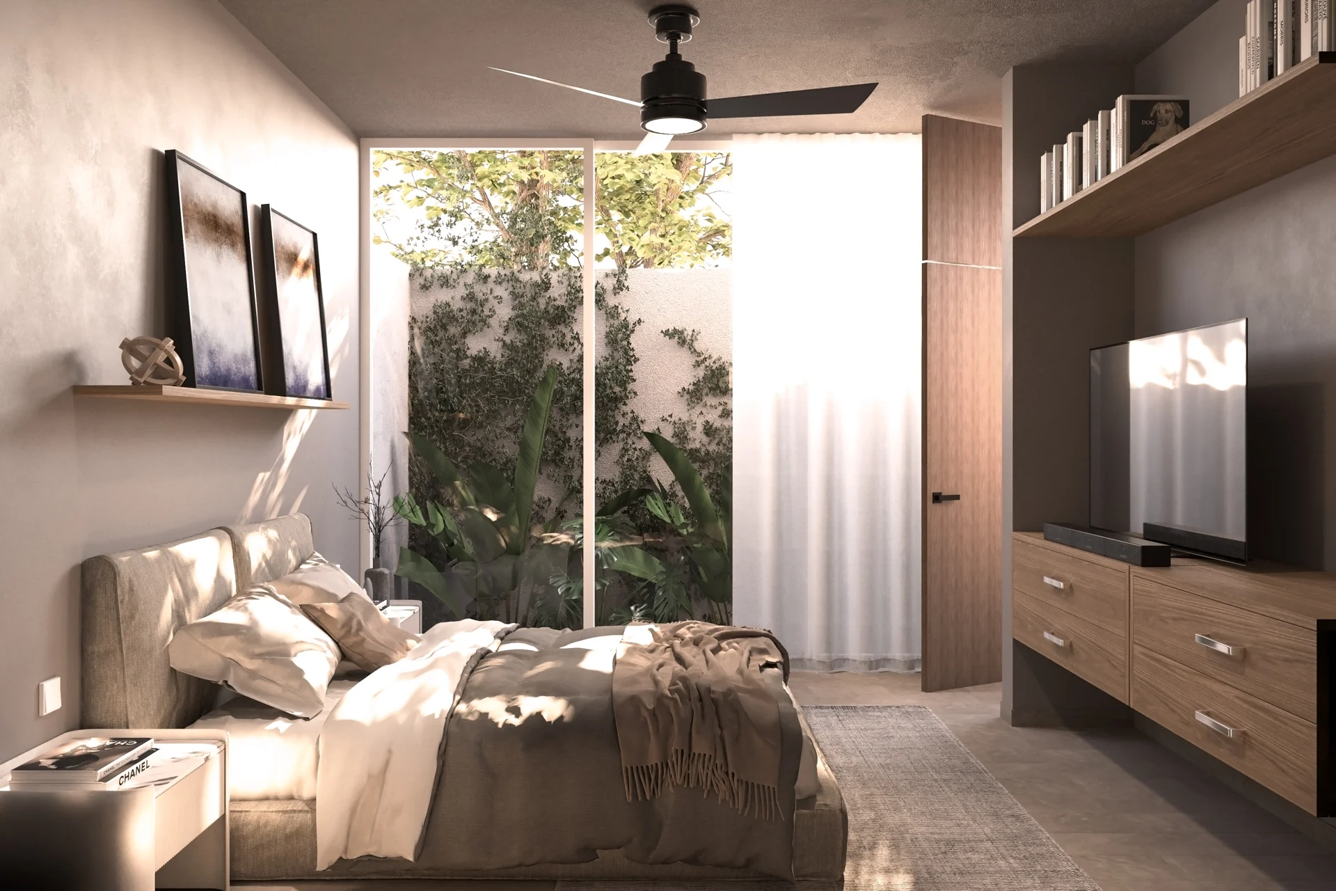 Recámara con tonos neutros, madera y luz natural