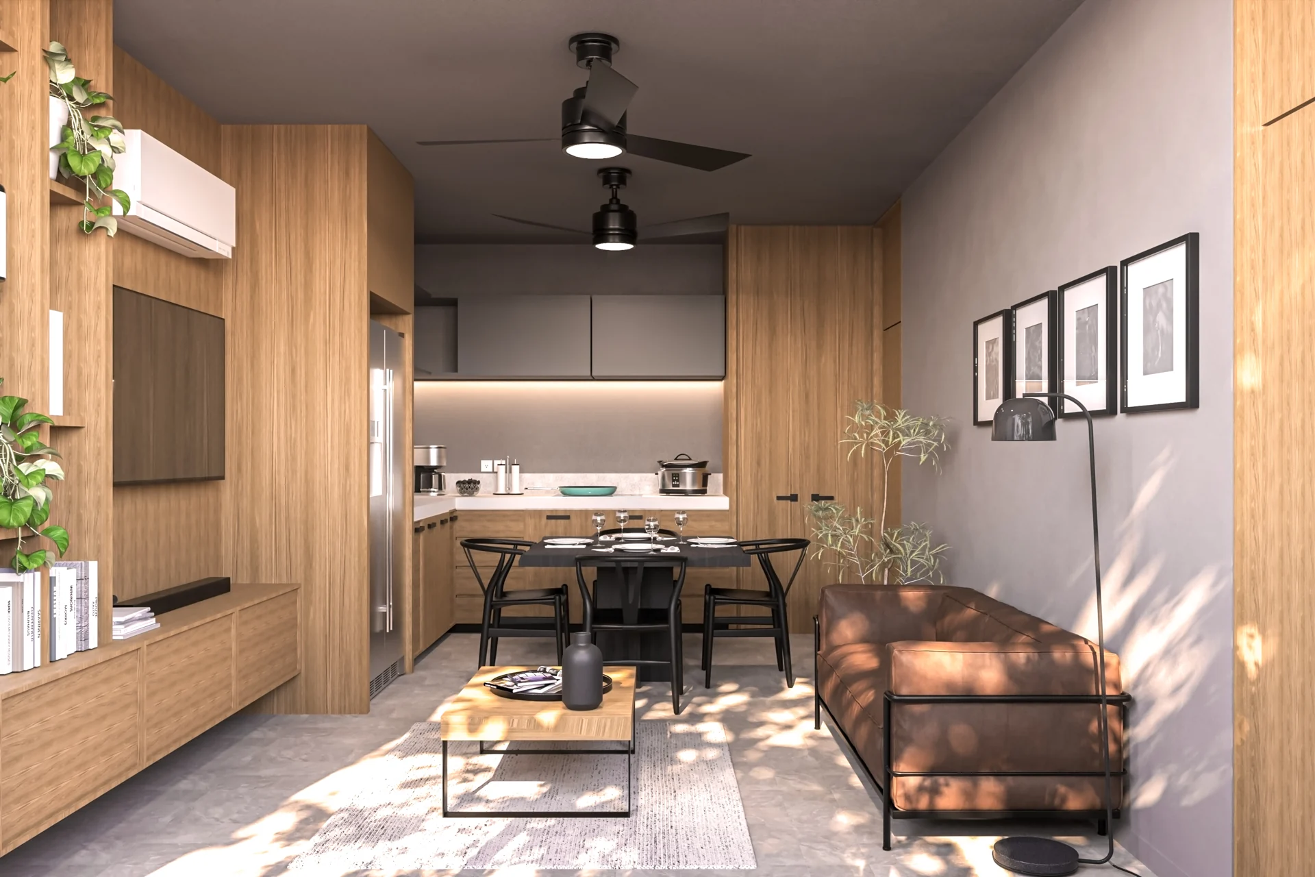 Sala y comedor con carpintería de madera y entrada de luz natural